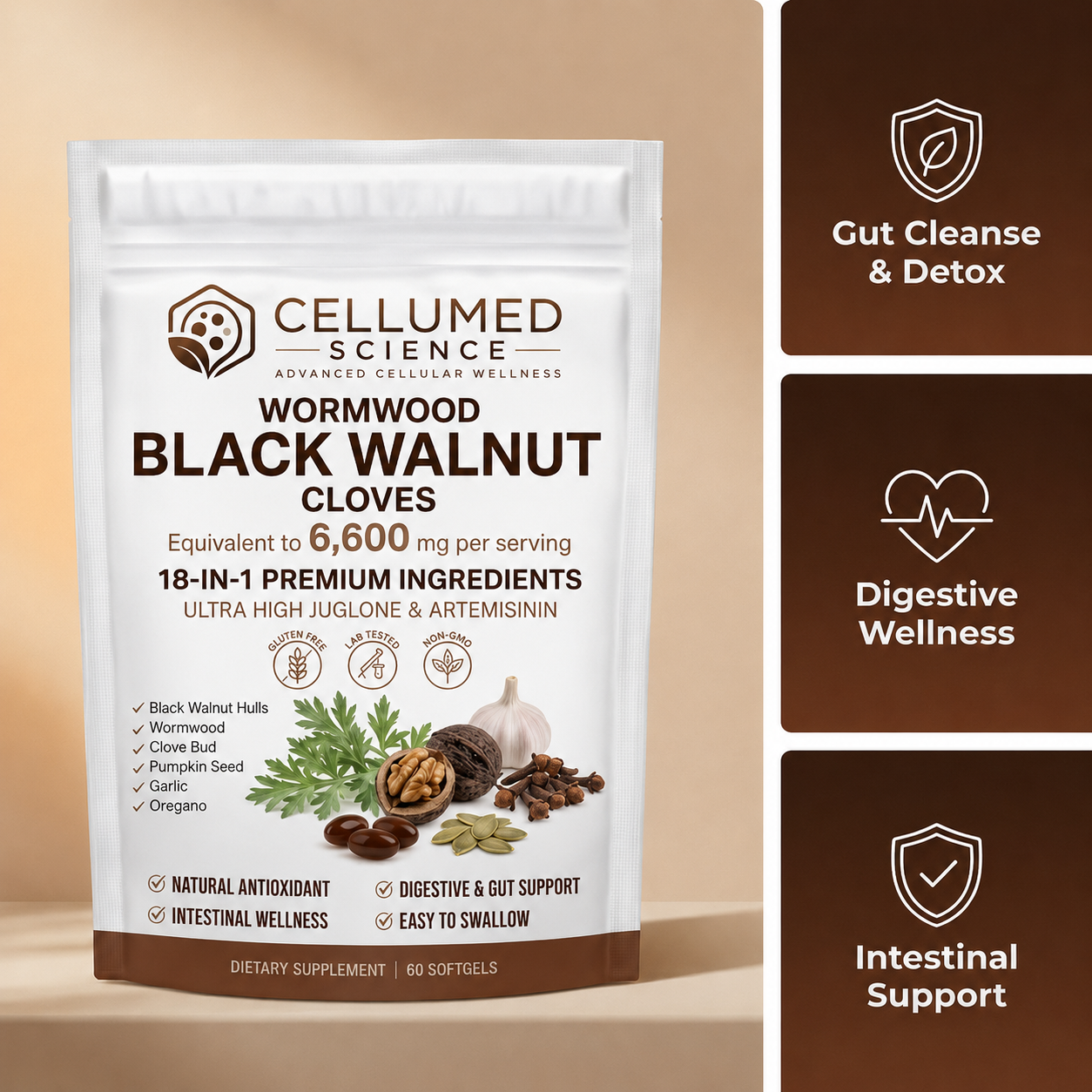 Cellumed Science Wormwood Black Walnut Cloves Softgels - Promotes Internal Cleansing & Digestive Wellness