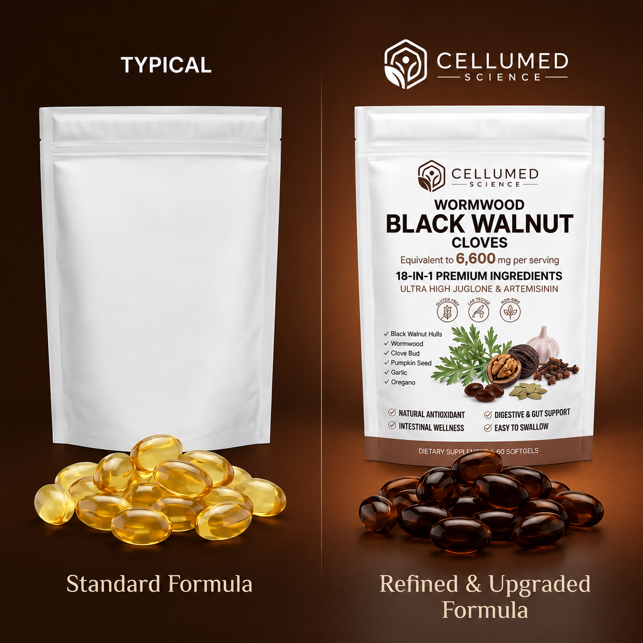 Cellumed Science Wormwood Black Walnut Cloves Softgels - Promotes Internal Cleansing & Digestive Wellness